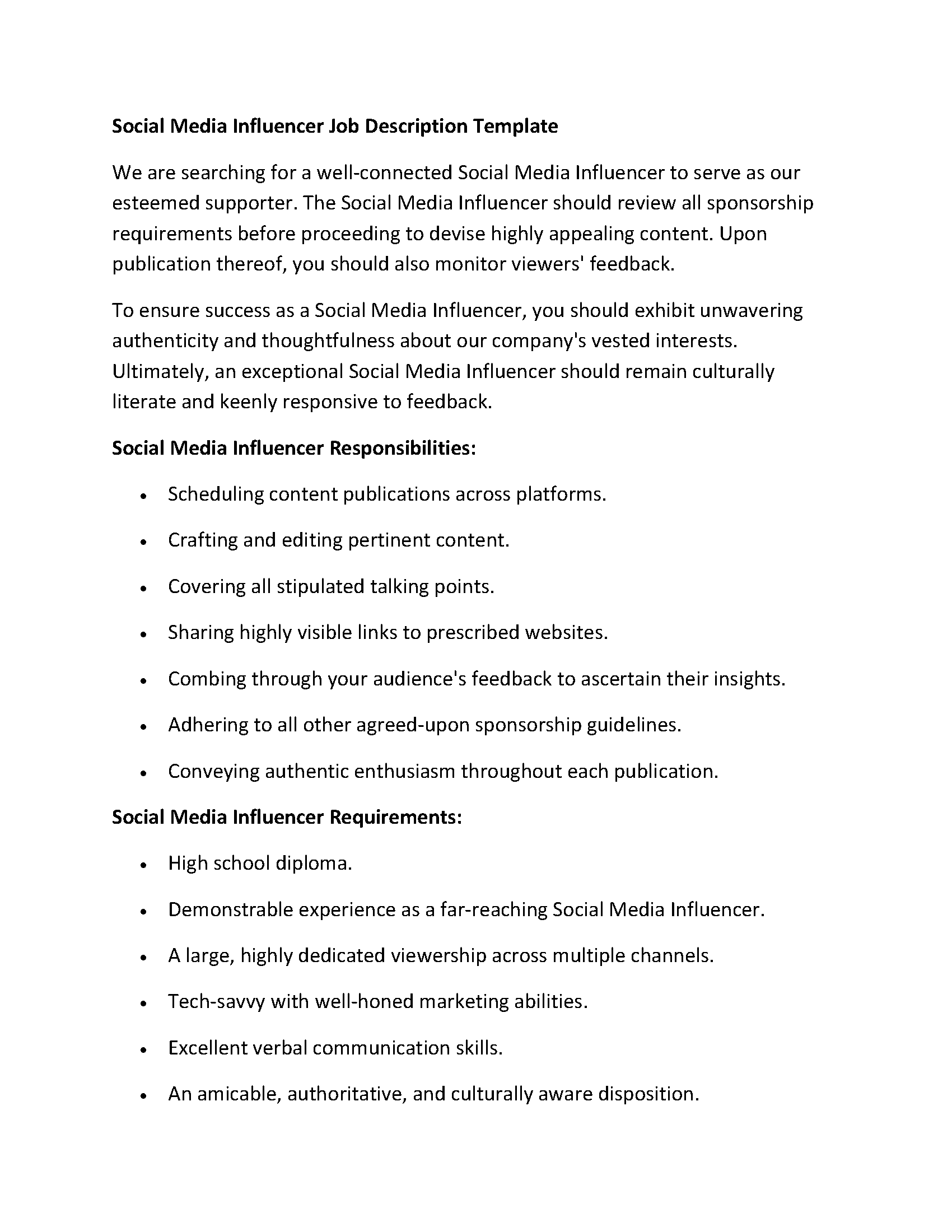 Social Media Influencer Job Description Template